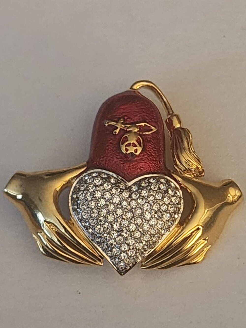 Vintage Signed BUTLER Shriner's Pave Rhinestone Heart and Enamel Fez Brooch